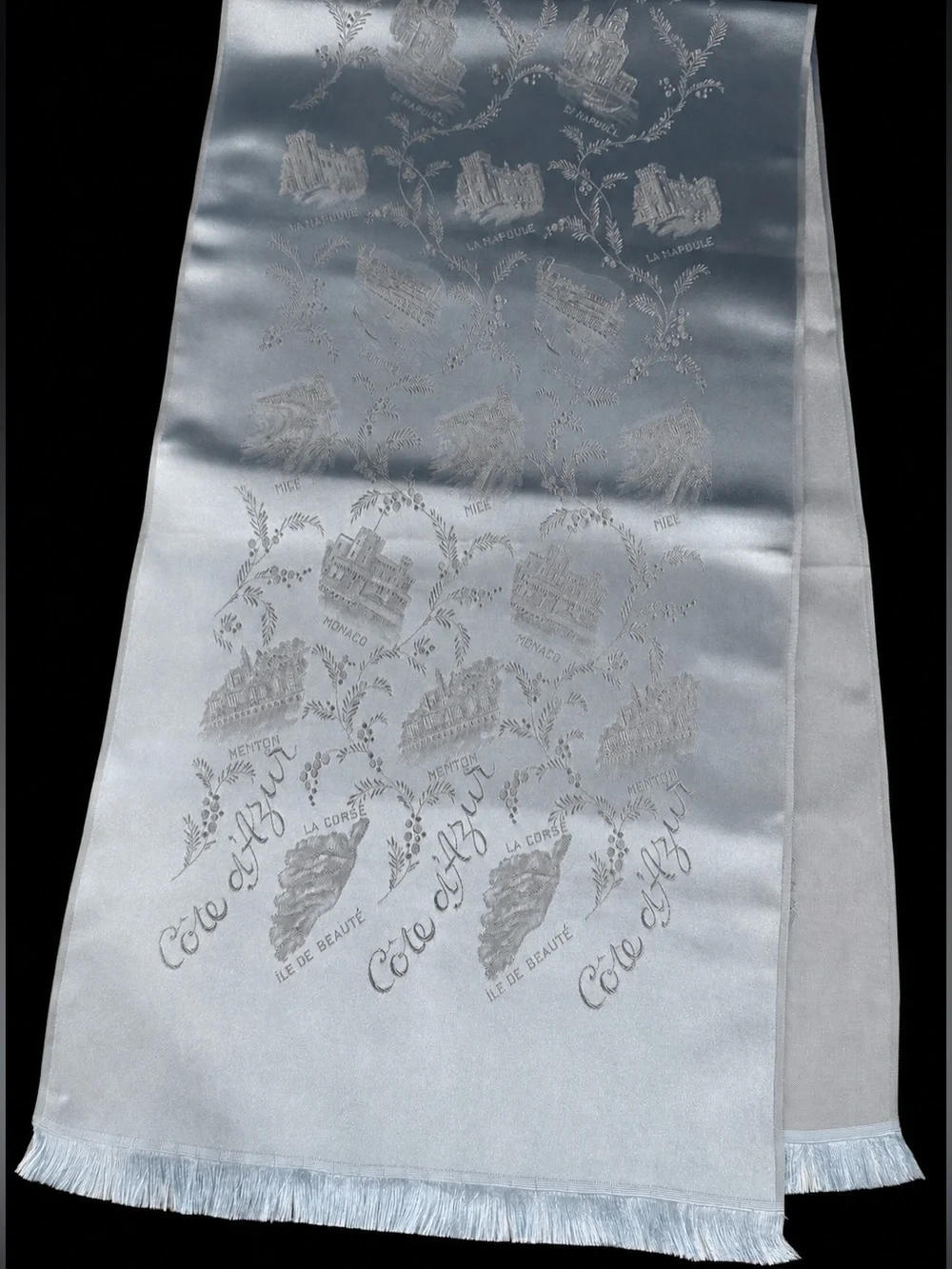 Vintage Cote de A'zur France French Blue scarf -Script, buildings- 12x46